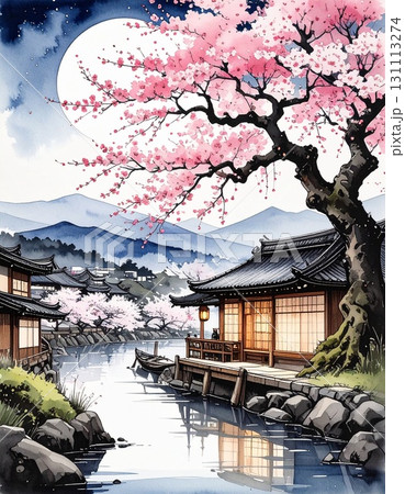 【AI生成画像】イラスト風 春爛漫の艶やかな夜桜 【AI生成画像】イラスト風 春爛漫の艶やかな夜桜 131113274