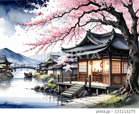 【AI生成画像】イラスト風　春爛漫の艶やかな夜桜 131113275