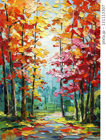 Autumn forest path impasto oil painting colorful red yellow orange trees textured palette knife artwork for seasonal wall decor 131113307