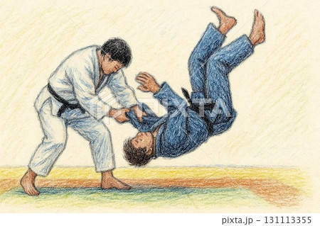 柔道の試合場面 色鉛筆とクレヨン風イラスト 131113355