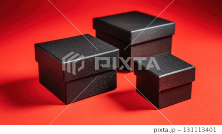 Black Gift Boxes of Varying Sizes on Bright Red Background 131113401