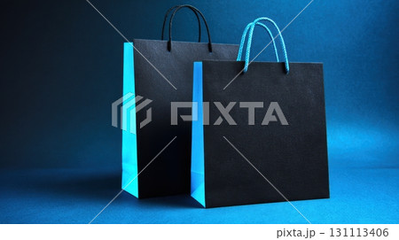 Elegant Deep Black Shopping Bags with Colorful Handles on Display 131113406