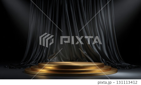 Elegant Black Velvet Curtain Backdrop on Empty Stage with Lights 131113412