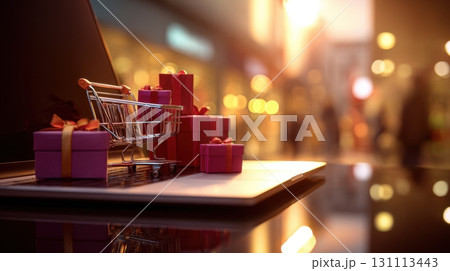 Online Shopping Concept with Laptop and Shopping Cart Surrounded by Gifts Online Shopping Concept with Laptop and Shopping Cart Surrounded by Gifts 131113443