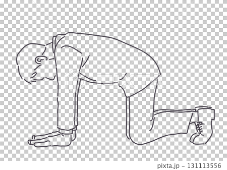 A man in a suit leaning on his knees and hands, bowing his head. Lines only. 131113556