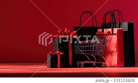 Vibrant Red Scene of Shopping Bags and Gifts for Black Friday Sale Vibrant Red Scene of Shopping Bags and Gifts for Black Friday Sale 131113629