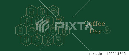 International Coffee Day, October 1st. Simple geometric banner, line pattern with coffee elements, beans, a coffee grinder, a coffee mug, and a coffee pot. 131113743