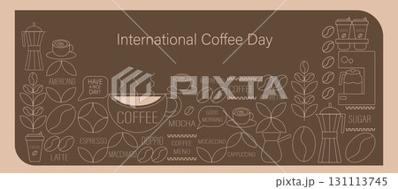 International Coffee Day, October 1st. Simple geometric banner, line pattern with coffee elements, beans, a coffee grinder, a coffee mug, and a coffee pot. 131113745