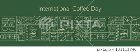 International Coffee Day, October 1st. Simple geometric banner, line pattern with coffee elements, beans, a coffee grinder, a coffee mug, and a coffee pot. 131113746