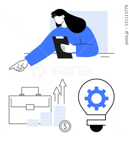 Businesswoman holding clipboard and pointing, briefcase, stacks of coins, rising graph arrows, gear inside lightbulb. Ideal for business planning, strategy, financial growth, ideas productivity Businesswoman holding clipboard and pointing, briefcase, stacks of coins, rising graph arrows, gear inside lightbulb. Ideal for business planning, strategy, financial growth, ideas productivity 131113778