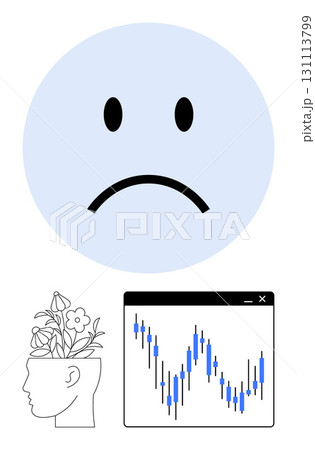 Blue sad face emotion, abstract human head with blooming flowers, and a financial chart with candlestick graph. Ideal for mental health, mood swings, investment analysis, emotional well-being 131113799