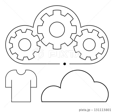 Cloud with gears, connected dot, t-shirt outline, and another cloud sketch. Ideal for technology, cloud computing, data storage, textile industry innovation automation conceptual designs. Line Cloud with gears, connected dot, t-shirt outline, and another cloud sketch. Ideal for technology, cloud computing, data storage, textile industry innovation automation conceptual designs. Line 131113801