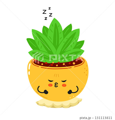 Sleeping potted succulent character resting peacefully 131113811