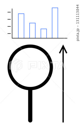 Magnifying glass with upward arrow and bar chart evoke growth analysis, and success. Ideal for business, data analysis, strategy, progress, market research, development. Line metaphor 131113844