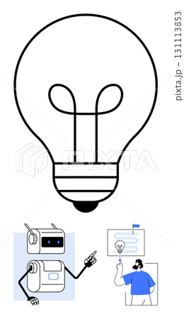 Large light bulb robot pointing at a screen, human indicating idea on a board. Ideal for innovation, technology, creativity, brainstorming, teaching, AI, education. Line metaphor Large light bulb robot pointing at a screen, human indicating idea on a board. Ideal for innovation, technology, creativity, brainstorming, teaching, AI, education. Line metaphor 131113853