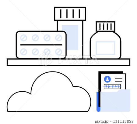 Medication bottles and tablet blister pack on a shelf above a cloud icon and patient records in a folder. Ideal for pharmacy management, healthcare technology, medical records, digital storage 131113858