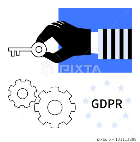 Hand holding a key signifies data access and control. Gears represent system integration. GDPR surrounded by stars emphasizes data protection. Ideal for data security, privacy laws, IT management 131113889