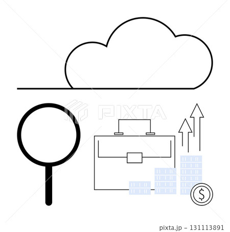 Cloud outline above magnifying glass, briefcase, stacks of coins and growth arrows. Ideal for cloud services, data analysis, business growth, financial planning, investment strategy, market research Cloud outline above magnifying glass, briefcase, stacks of coins and growth arrows. Ideal for cloud services, data analysis, business growth, financial planning, investment strategy, market research 131113891