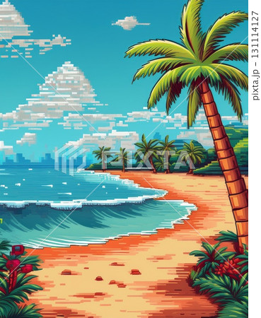 ドット絵で描かれたヤシの木の見えるビーチ 131114127