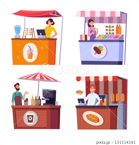 Street food. Urban food vendors making different snacks fast food hot coffee and drinks exact vector kiosks in cartoon style 131114191