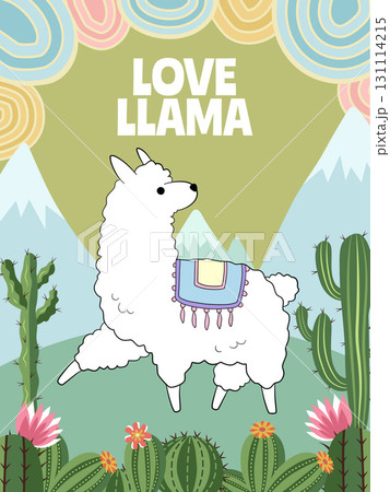 Llama. poster template with cute white llama 131114215
