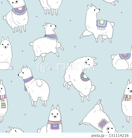 Llama pattern. happy cute white llamas playing. vector seamless background template 131114216