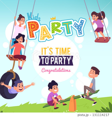 Kids party. background with kids on swings. vector placard invitation 131114217