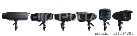 Collection set of professional studio lighting equipment isolated over a white background Collection set of professional studio lighting equipment isolated over a white background 131114295