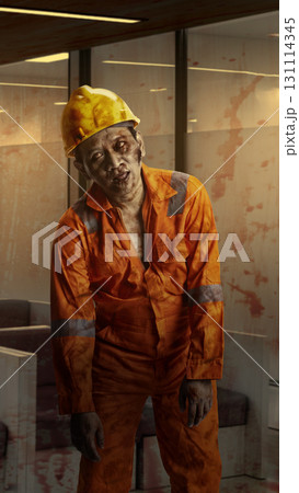 Scary construction male zombie in a yellow hard hat with a wound and blood walking and haunted the abandoned building. The scene is scary and creepy. Concept of Spooky Halloween Scary construction male zombie in a yellow hard hat with a wound and blood walking and haunted the abandoned building. The scene is scary and creepy. Concept of Spooky Halloween 131114345