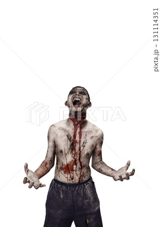 Portrait of a scary male zombie with a wound and blood on the body isolated over a white background. Spooky expression. Concept of Halloween or Horror 131114351