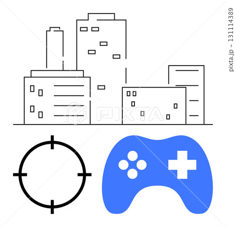 City buildings with crosshairs and blue game controller. Ideal for urban gaming, e-sports, city-based video games, game development, urban technology, virtual reality, digital culture. Line metaphor 131114389