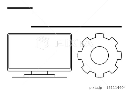 Computer monitor with gear symbol indicating technology development and system configuration. Ideal for business, technology, development, engineering, productivity, IT services, and digital 131114404