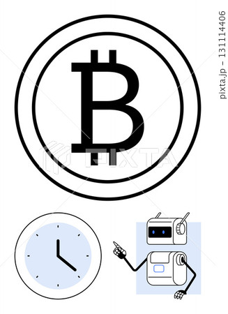 Bitcoin symbol inside a circle wall clock, and robot with a pointer. Ideal for finance, cryptocurrency, digital currency, time management, blockchain, technology, and automation. Line metaphor 131114406