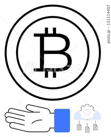 Bitcoin symbol encircled, outstretched hand, gear with cloud and documents. Ideal for cryptocurrency, finance, digital transactions, decentralization, investment technology automation. Line 131114407