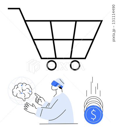 Shopping cart, person wearing VR headset interacting with virtual brain, coins falling. Ideal for e-commerce, virtual reality, technology, innovation, finance digital marketing future trends. Line Shopping cart, person wearing VR headset interacting with virtual brain, coins falling. Ideal for e-commerce, virtual reality, technology, innovation, finance digital marketing future trends. Line 131114490