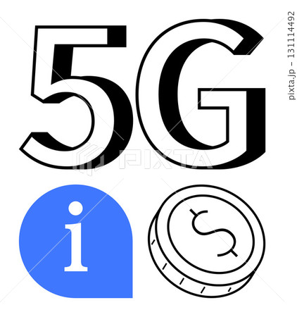 Bold 5G text, blue information icon, and coin highlighting tech evolution, data access, and economic benefits. Ideal for technology, finance, communication, digital transformation modern economics Bold 5G text, blue information icon, and coin highlighting tech evolution, data access, and economic benefits. Ideal for technology, finance, communication, digital transformation modern economics 131114492