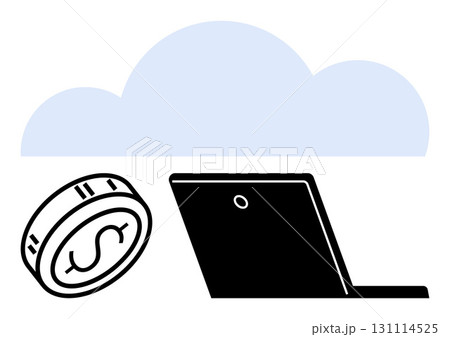 Cloud behind a laptop and coin with dollar sign emphasizing cloud computing and financial aspects. Ideal for cloud services, finance, IT business, cost management, remote work, online security 131114525