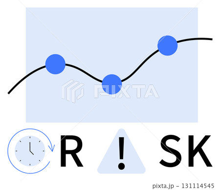Trend line with data points, clock, warning sign, and RISK text. Ideal for finance, business, project management, decision-making strategic planning risk assessment time management. Line metaphor 131114545