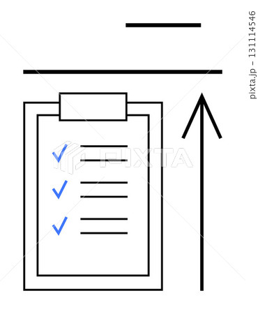 Clipart of a to-do list with three blue checkmarks and an upward black arrow symbolizing progress or completion. Ideal for productivity, organization, task management, business goals, motivation 131114546