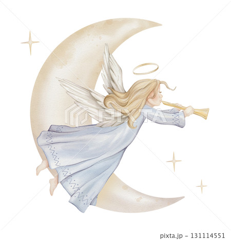 Christmas composition with angel trumpets with light hair and nimbus on moon. Watercolor illustration Christian Nativity angel with wings and stars isolated on background for baptism invitation. Christmas composition with angel trumpets with light hair and nimbus on moon. Watercolor illustration Christian Nativity angel with wings and stars isolated on background for baptism invitation. 131114551