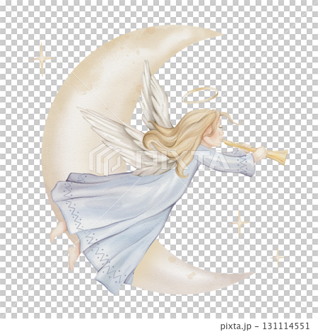 Christmas composition with angel trumpets with light hair and nimbus on moon. Watercolor illustration Christian Nativity angel with wings and stars isolated on background for baptism invitation. Christmas composition with angel trumpets with light hair and nimbus on moon. Watercolor illustration Christian Nativity angel with wings and stars isolated on background for baptism invitation. 131114551