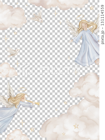Vertical Banner watercolor illustration with angel with light hair and nimbus. Postcard for Christmas or Christian Nativity for religious baptism. Hand drawn illustration clouds and birds, stars 131114559