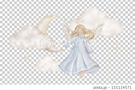 Christmas composition with angel with light hair and nimbus on moon. Watercolor illustration Christian Nativity angel with wings and stars and clouds for religious baptism invitation. Christmas composition with angel with light hair and nimbus on moon. Watercolor illustration Christian Nativity angel with wings and stars and clouds for religious baptism invitation. 131114571
