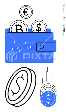 Blue digital wallet receiving cryptocurrency coins including euro, bitcoin, and dollar icons falling coins. Ideal for fintech, online banking, cryptocurrency, investment, digital transactions Blue digital wallet receiving cryptocurrency coins including euro, bitcoin, and dollar icons falling coins. Ideal for fintech, online banking, cryptocurrency, investment, digital transactions 131114579