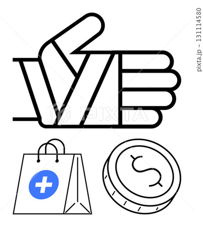 Thumbs up wrapped in bandage, medical shopping bag with cross, and coin with dollar sign. Ideal for healthcare, medical services, financial assistance, emergency care, health insurance, online 131114580