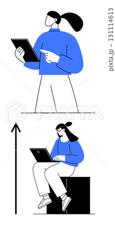 Person reading tablet another using laptop. Themes empowerment technology growth learning focus, career, innovation. Ideal for tech, career growth, education, gender parity, skill development 131114613