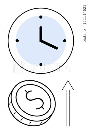 Clock indicating time management, coin representing financial gain, and upward arrow showing growth. Ideal for finance, business development, economics, time efficiency, productivity, goal setting 131114623