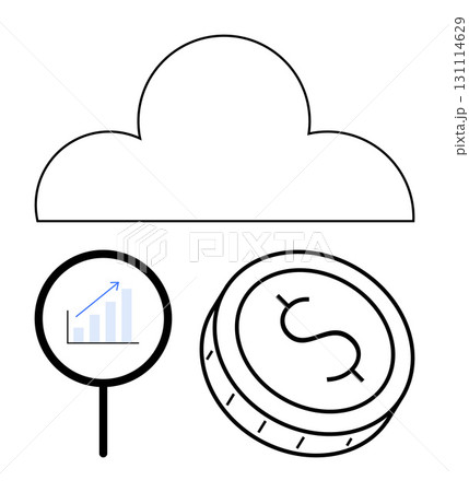 Cloud symbol with magnifying glass showing upward graph and dollar coin. Ideal for financial analysis, data storage, cloud computing, business growth, investment strategies, economic trends, digital Cloud symbol with magnifying glass showing upward graph and dollar coin. Ideal for financial analysis, data storage, cloud computing, business growth, investment strategies, economic trends, digital 131114629