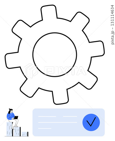 Gear, woman with a laptop, check mark, and data chart. Ideal for business, productivity technology teamwork success data analysis and efficiency. Line metaphor. Line metaphor. Simple line icons Gear, woman with a laptop, check mark, and data chart. Ideal for business, productivity technology teamwork success data analysis and efficiency. Line metaphor. Line metaphor. Simple line icons 131114634