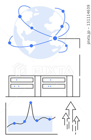 Earth with nodes servers line graph with peak upward arrows. Ideal for tech, analytics, growth, connectivity, data flow, globalization, innovation. Line metaphor Earth with nodes servers line graph with peak upward arrows. Ideal for tech, analytics, growth, connectivity, data flow, globalization, innovation. Line metaphor 131114639